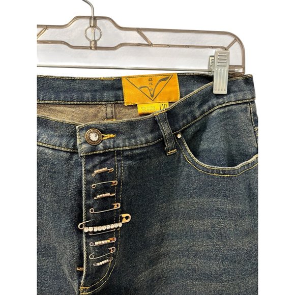 Ane' V Y2k Vintage Rhinestone Safety Pin Denim Blue Jeans Size 10 Bling Distress - Picture 2 of 9